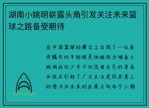 湖南小姚明崭露头角引发关注未来篮球之路备受期待